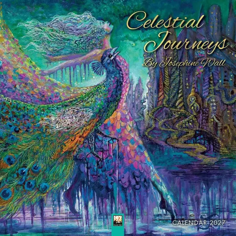 Celestial journeys josephine wall kalender 2027 met levendig surreëel schilderij van vrouw en pauw in rijke kleuren