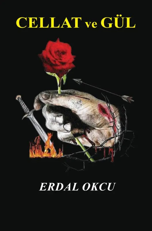 Een hand met een littekenrijke textuur houdt een levendige rode roos vast tegen een zwarte achtergrond in cellat ve gül