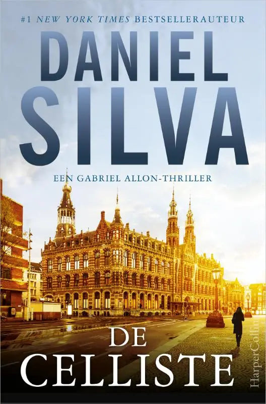 De celliste boekomslag toont een grandioos bakstenen gebouw in goud licht voor gabriel allon-thriller