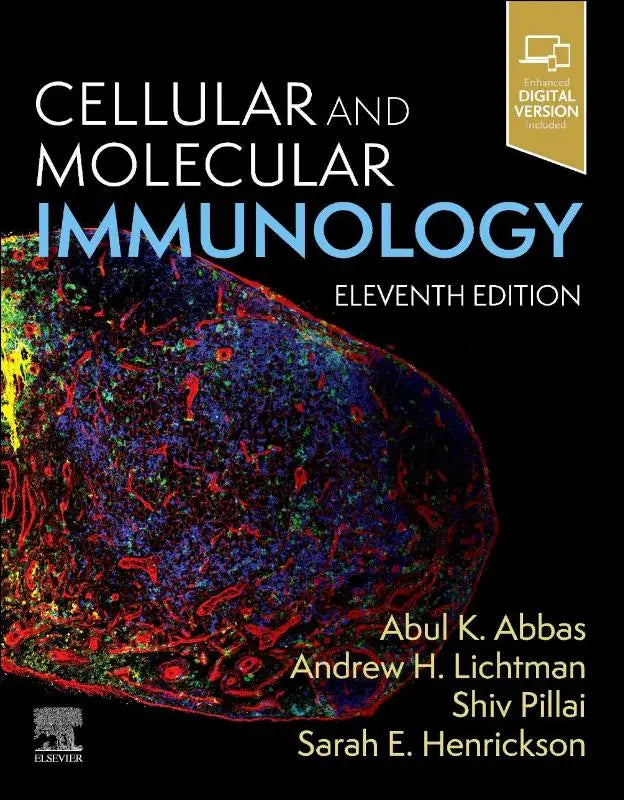 De elfde editie van cellular and molecular immunology door elsevier met een zwart omslag en een kleurrijk microscopisch beeld
