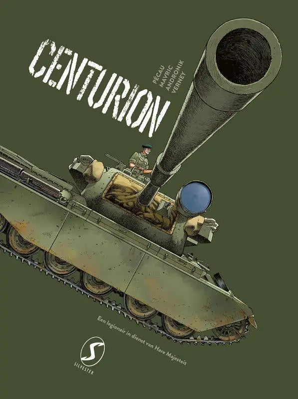 Olivegroene gepantserde tank met lange loop en rupsbanden in comicstijl op de cover van centurion door slevster