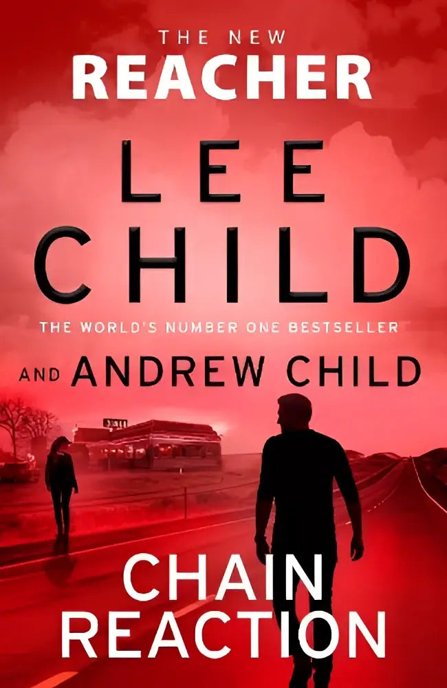 De cover van chain reaction jack reacher 31 toont een rood zwarte ontwerp met twee silhouetten bij een diner