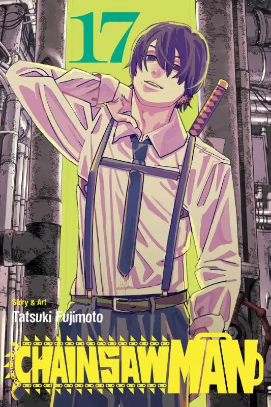 Cover van chainsaw man volume 17 met gestileerde illustratie van de protagonist in roze-wit gestreept shirt en bretels