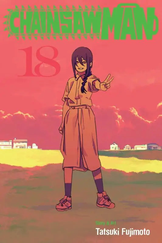 De cover van chainsaw man volume 18 manga toont een personage in een oranje trenchcoat tegen een roze en gele lucht