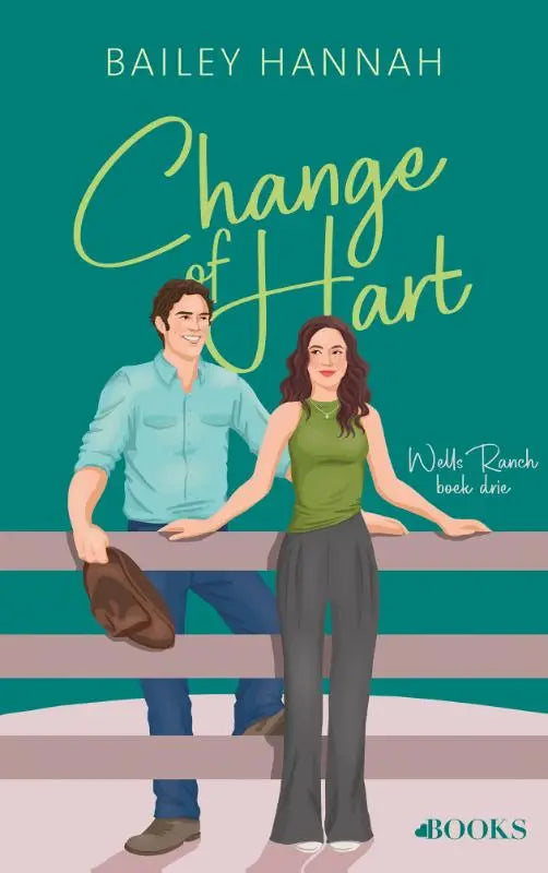 Teal paperback book cover of change of hart featuring an illustrated couple in casual attire by a ranch-style fence