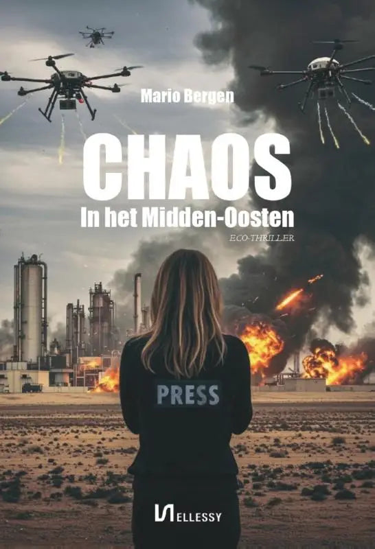 Zwarte press jas met witte press letters op de achterkant gedragen voor een industriële explosie chaos in het midden-oosten