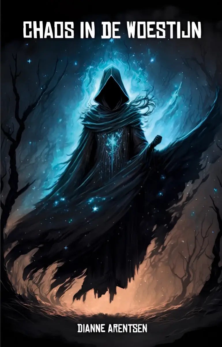 Een hooded figuur in een donkere vloeiende mantel met blauwe energie rond het product chaos in de woestijn