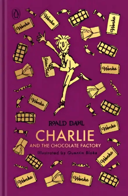 Vibrant purple book cover of charlie and the chocolate factory featuring charlie bucket with chocolate bars in bold orange letters