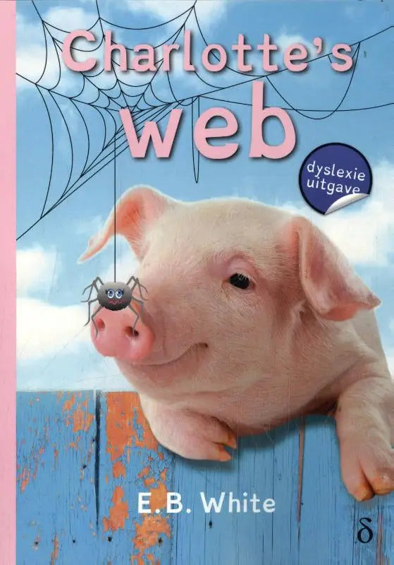 Een kinderboek charlotte’s web met een roze rug en een cartoonvarken aan een spinnenwebhangend door een zwarte spin