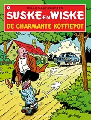 De cover van de suske en wiske strip de charmante koffiepot door willy vandersteen toont een kleurrijke cartoonillustratie