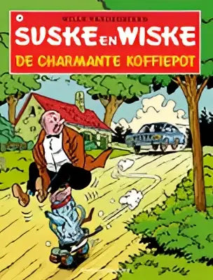 De charmante koffiepot comic cover van suske en wiske toont een kleurrijke cartoonillustratie met gedurfde lijnen