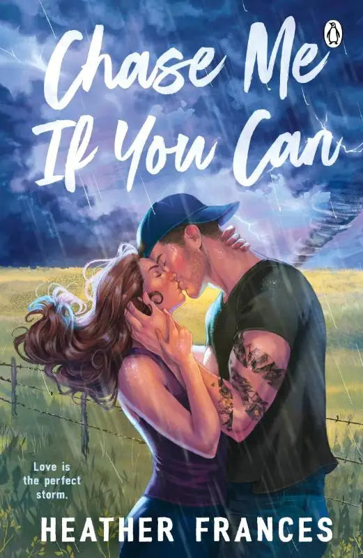 The book cover of chase me if you can by heather frances shows a romantic kiss in the rain for contemporary romance readers