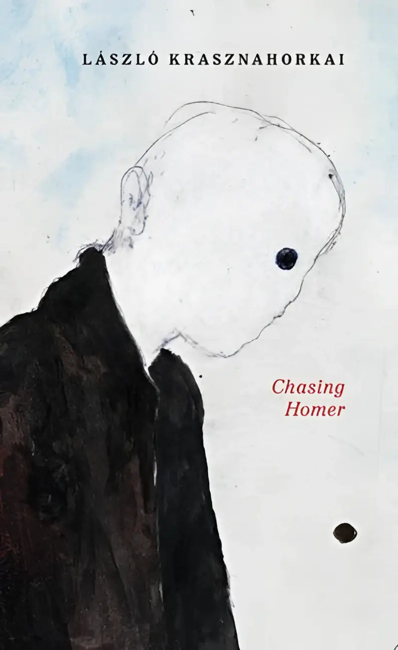Minimalistische zwart-wit illustratie van boekomslag chasing homer met gestileerd figuur in donkere kleding