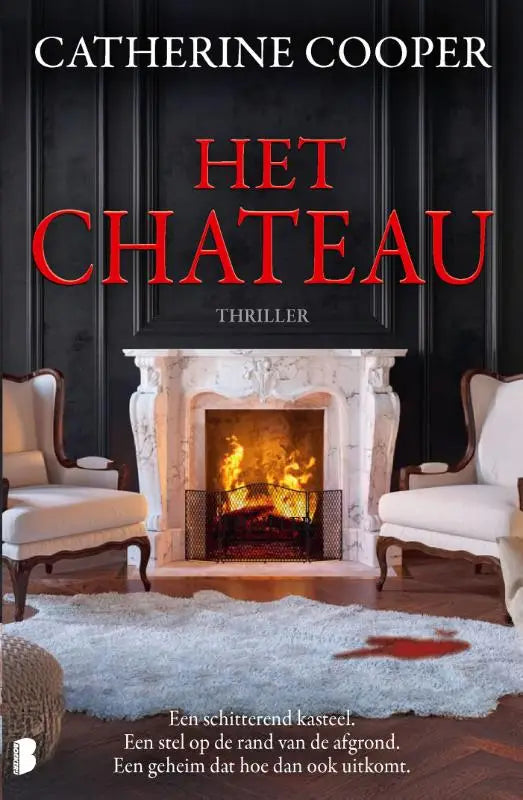 Het boek het chateau toont een schitterend kasteel met een witte marmeren open haard en crème fauteuils in donkere kamer