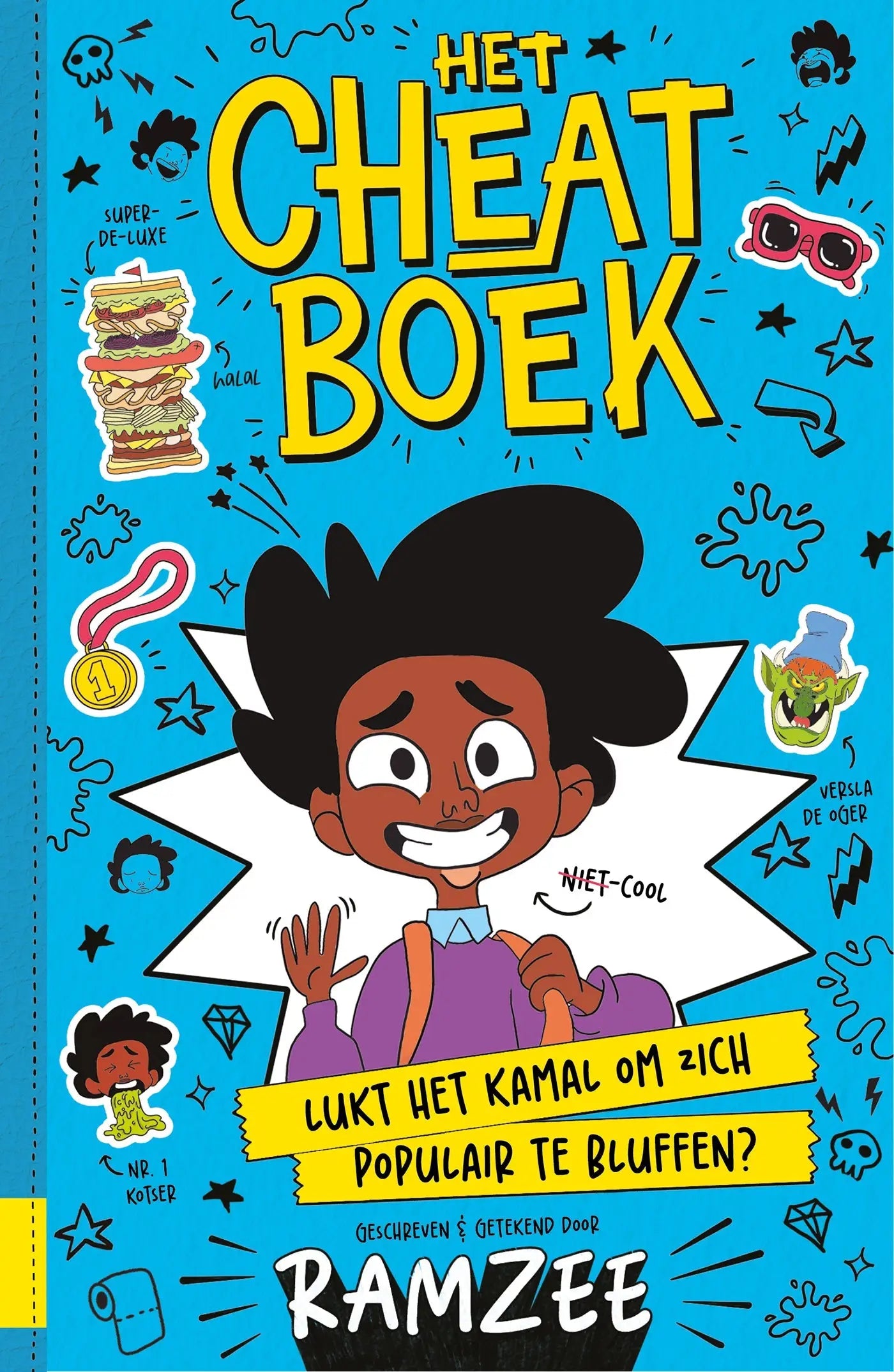 Vibrant blauwe cover van het cheatboek door ramzee met cartoonfiguur in paarse kleding en opvallende gele tekst