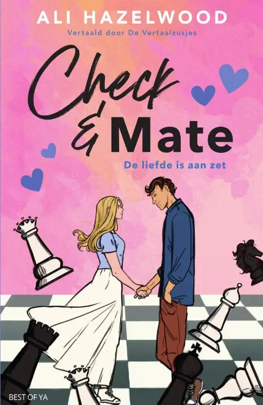 The book cover of check & mate by ali hazelwood shows two people holding hands on a chessboard with blue hearts, nederlands paperback by putnams sons