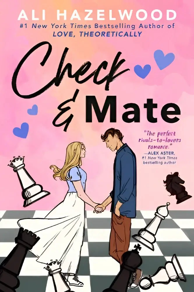 De amerikaanse standaardhardcover van ali hazelwood check & mate door putnam’s sons met roze wit geruit en schaakstukillustraties
