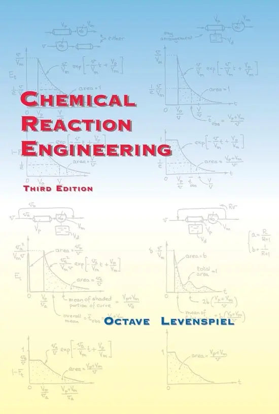 De boekcover van chemical reaction engineering derde editie door octave levenspiel toont een blauw naar geel verloop met handgetekende reaction engineering diagrammen