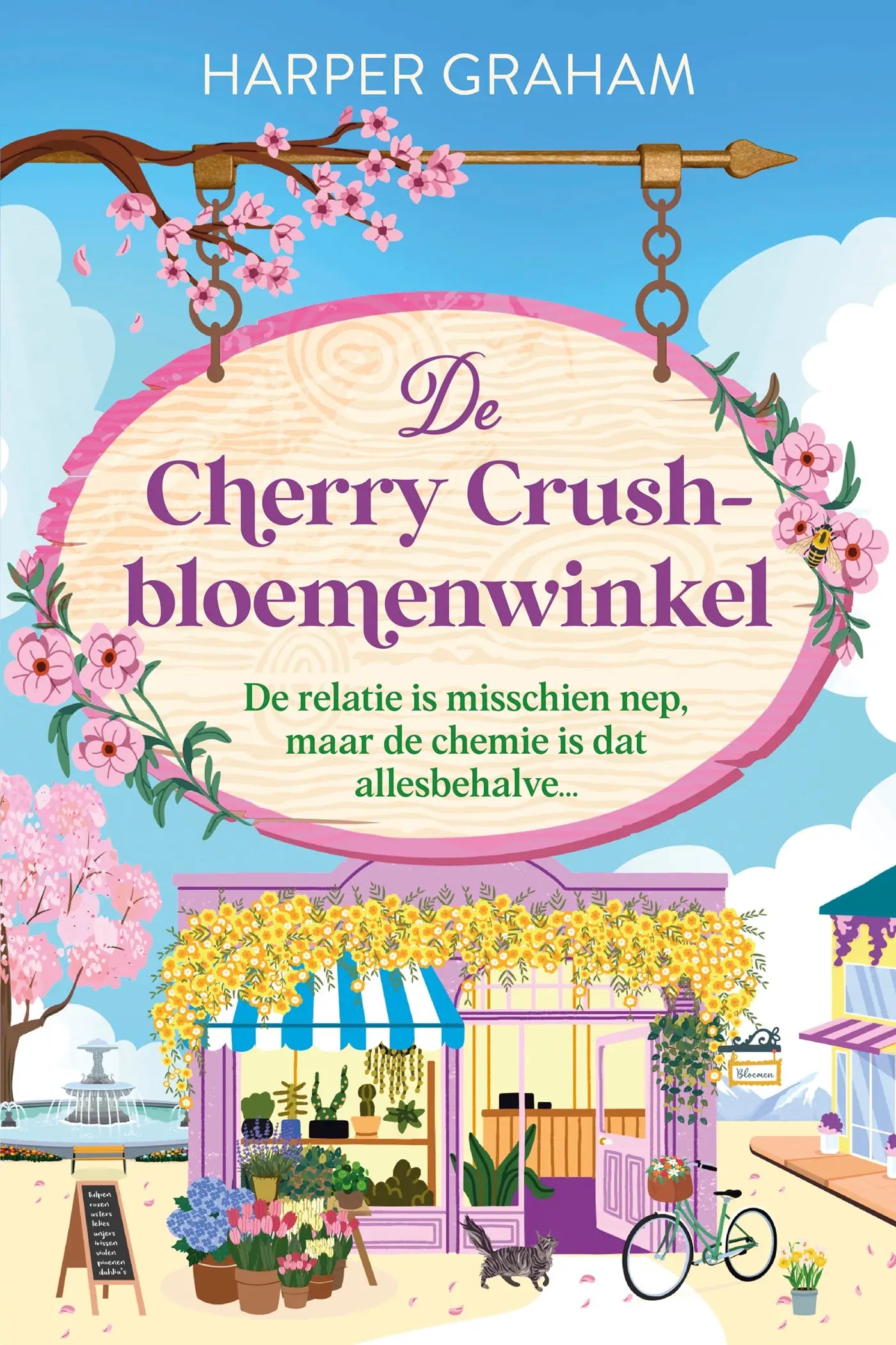 Roze ovale houten bord met bloemenhanger aan koperen pijl voor cherry crush bloemenwinkel