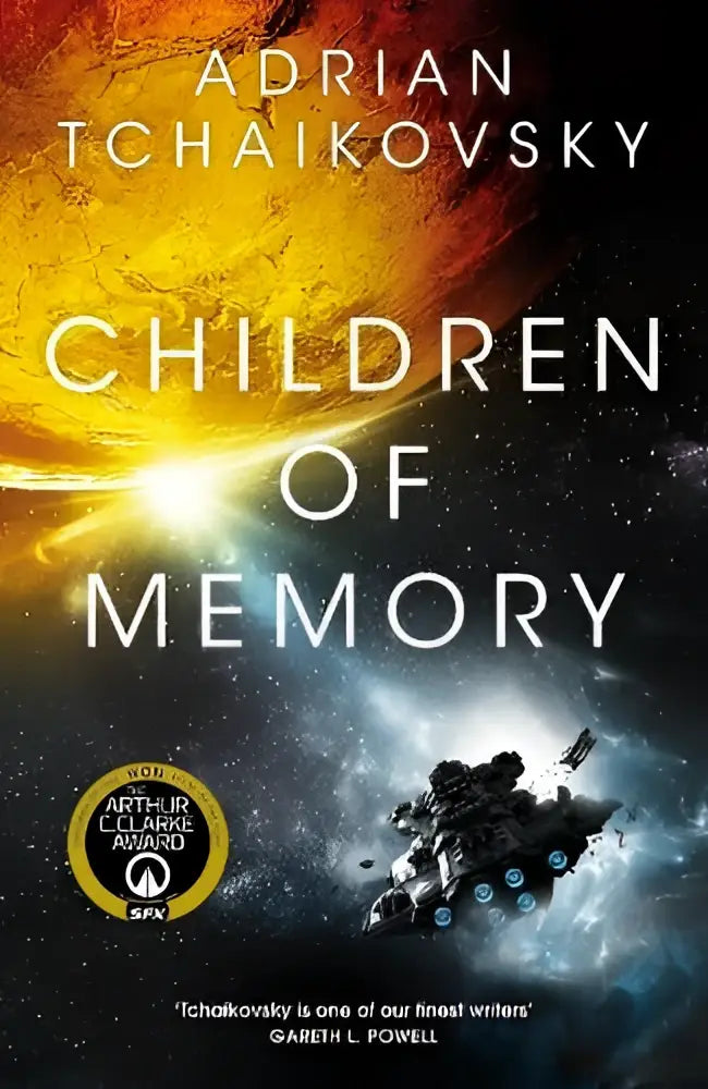 De cover van children of memory door adrian tchaikovsky toont een donker ruimteontwerp met een gloeiend hemelslichaam