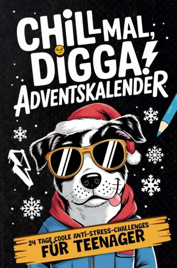 Een cartoonhond met een rode kerstmanmuts, gouden zonnebril en blauwe jas op chill mal adventskalender voor teenager jungs und meisjes