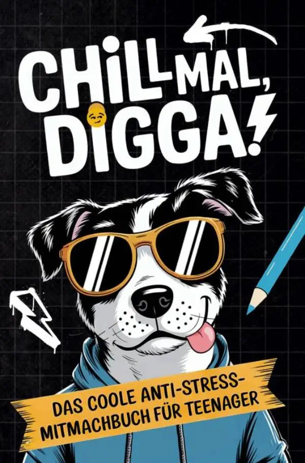 Een cartoon hond met zonnebril en hoodie in zwart-wit met gele accenten op chill mal, voor teens anti-stressboek