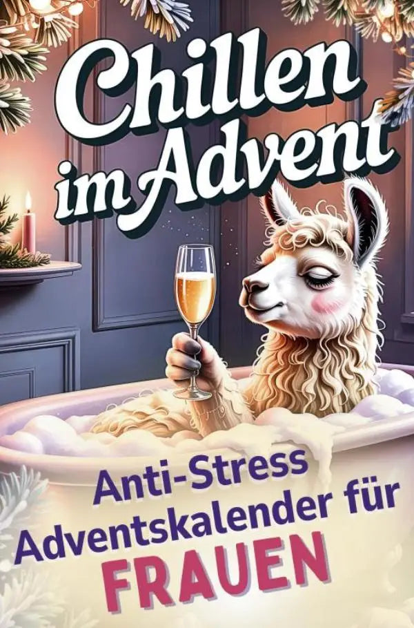 Een pluizige witte lama ontspant met champagne in bad voor een lustiges geschenk en achtsamkeit en ontspanning