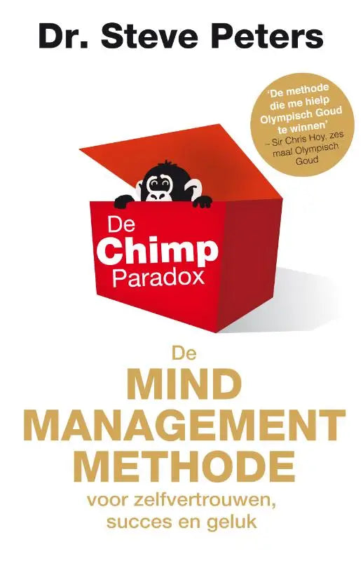 Rode doos met zwarte chimpansee die uitkijkt en boek de chimp paradox door dr over de mind management methode voor zelfvertrouwen succes en geluk
