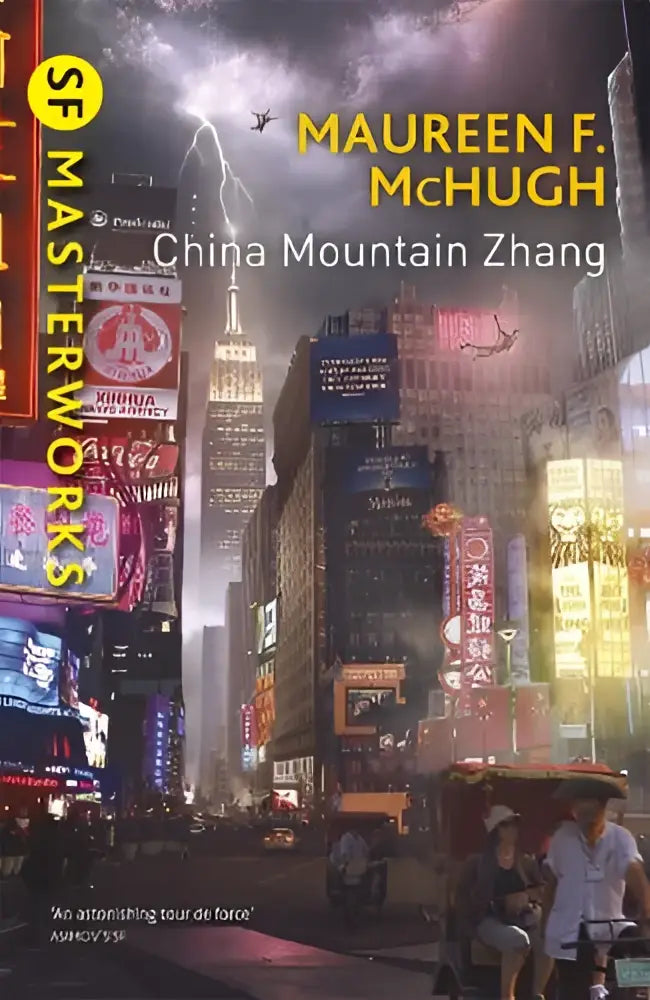 Het boek china mountain zhang toont een science fiction wereld met een neon verlichte stad onder een stormachtige lucht