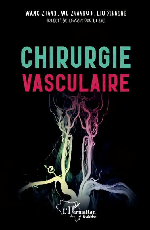 De cover van het medische handboek chirurgie vasculaire toont een gloeiende, vertakte vaatstructuur in wit en roze tegen zwart, harmattan guinée