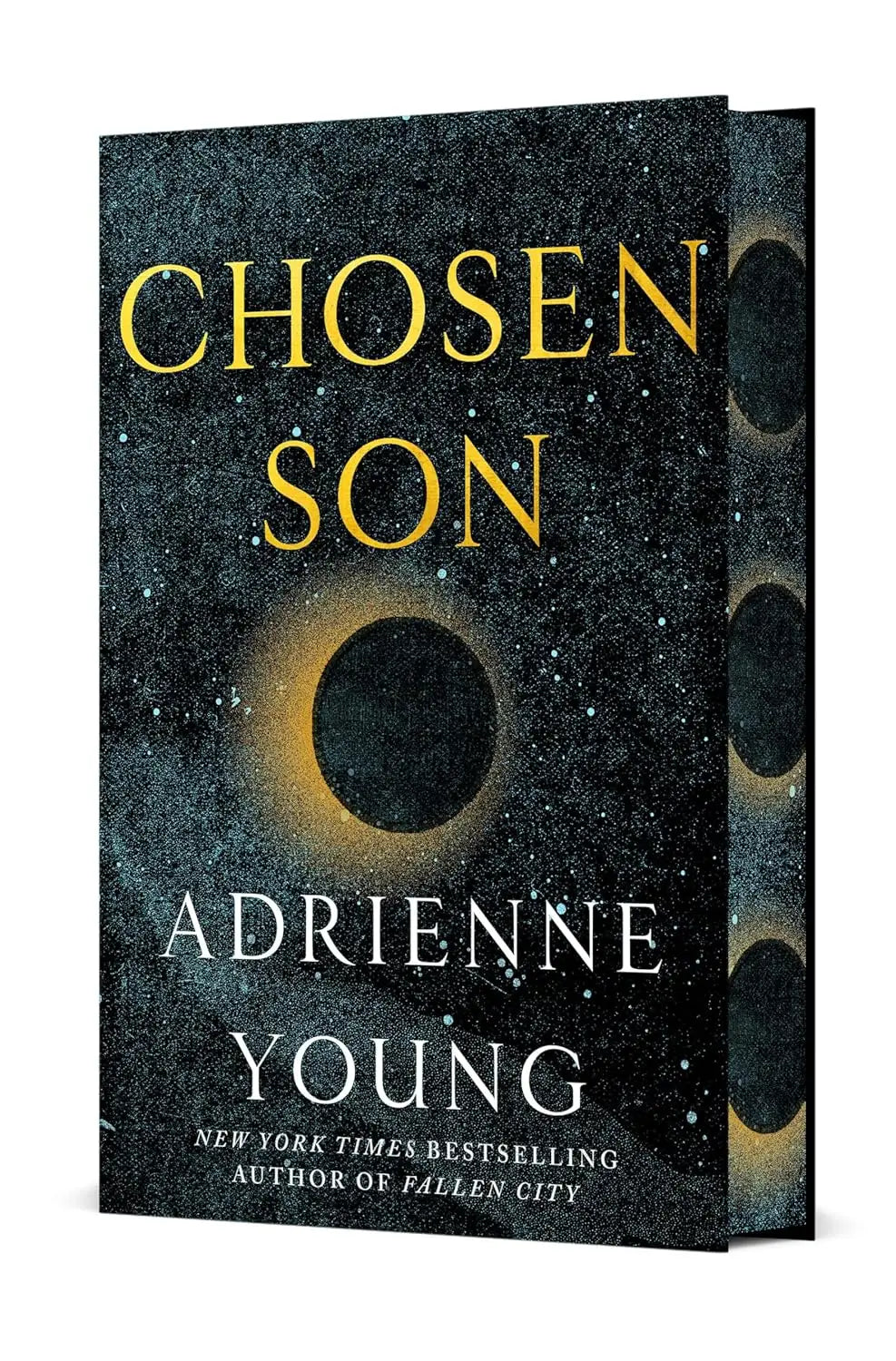 Zwart hardcover boek met gouden en witte tekst en een kosmisch eclipsontwerp voor fantasy romance gekozen zoon adrienne young