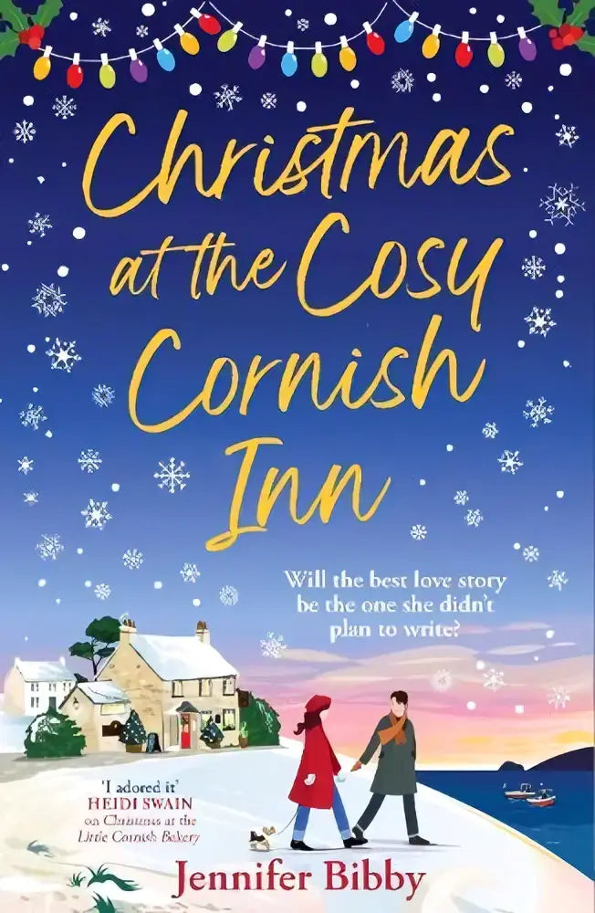 Een feestelijke kerstboekcover van christmas at the cosy cornish inn met een gezellig herberg, sneeuw en stel hand in hand