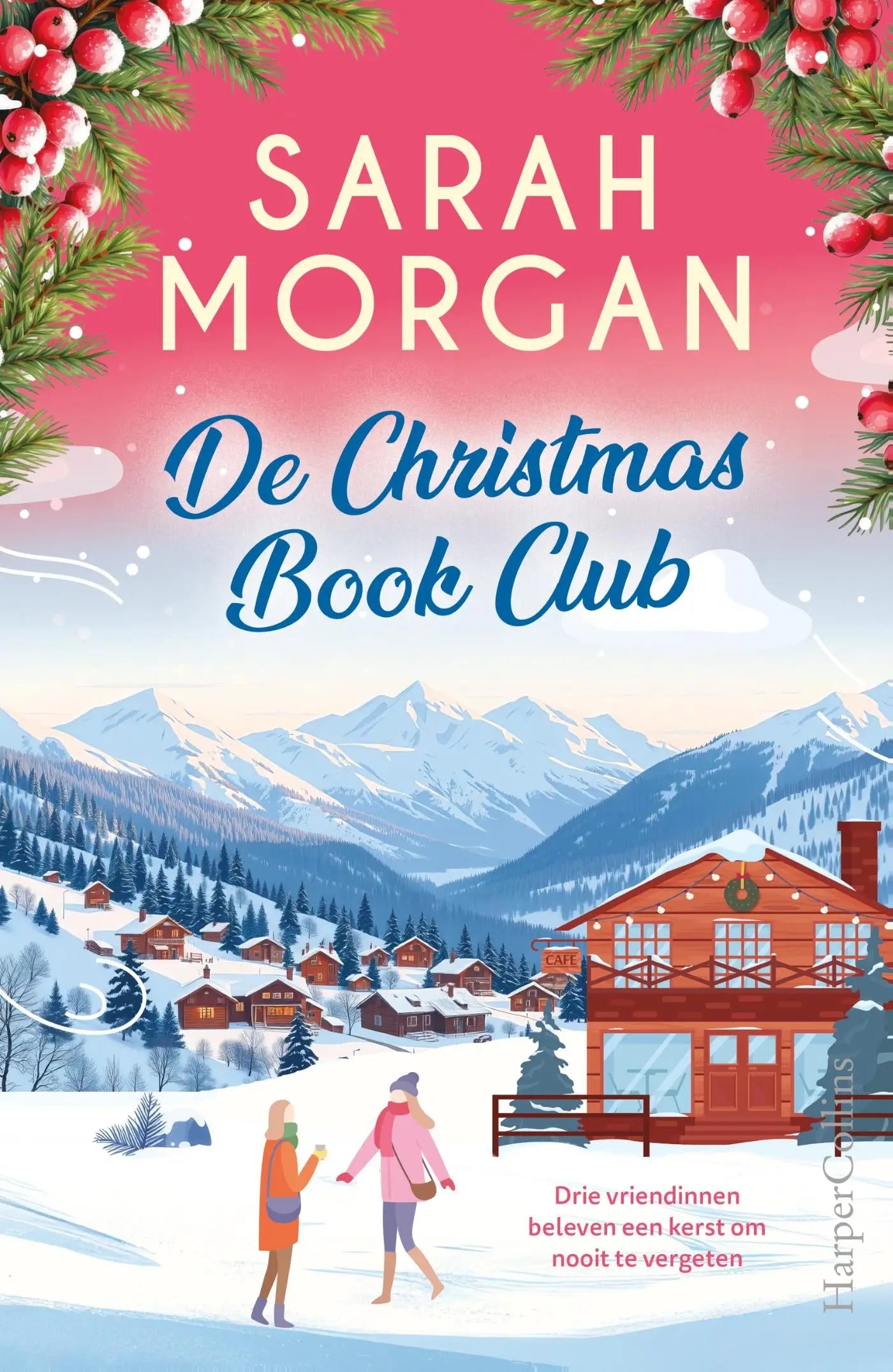 De christmas book club boek met een feestelijke winterscène en elegante typografie tegen een roze lucht