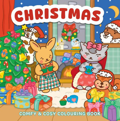 Een christmas comfy & cosy colouring book met schattige details van knusse dieren in een feestelijke woonkamer