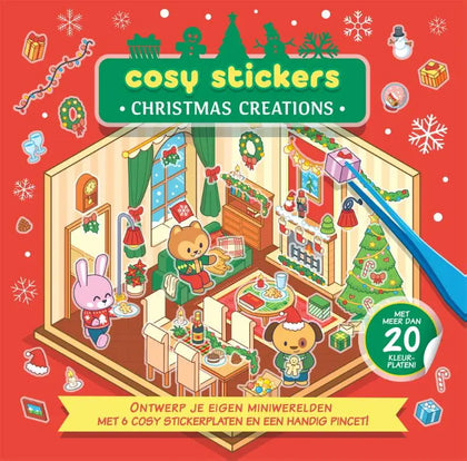 Een feestelijk rood stickerboek cosy stickers christmas creations met getekende dieren in een versierd huis