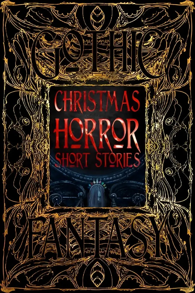 Gothic christmas horror short stories book with ornate gold filigree on black background for christmas horror fans