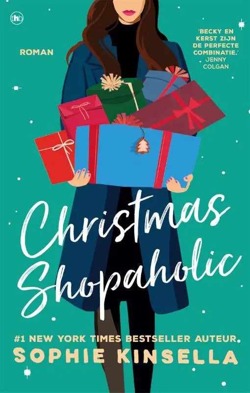 The christmas shopaholic book cover by sophie kinsella shows a woman in a navy coat holding colorful gift boxes