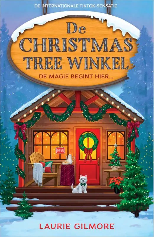 Een gezellige houten christmas tree winkel met een rode deur en groene guirlandes waar de magie begint