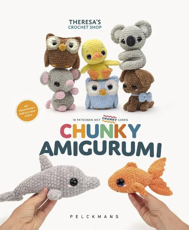 The cover of chunky amigurumi by theresa’s crochet shop shows colorful handmade chunky amigurumi crocheted stuffed animals