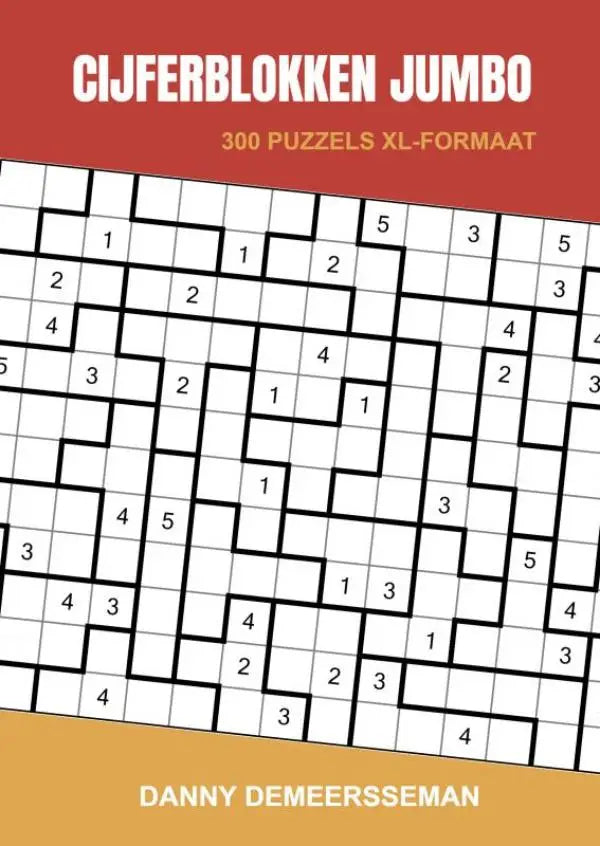 Cijferblokken jumbo kruiswoordpuzzelboek met 300 puzzels xl-formaat en zwart-wit raster op rode omslag
