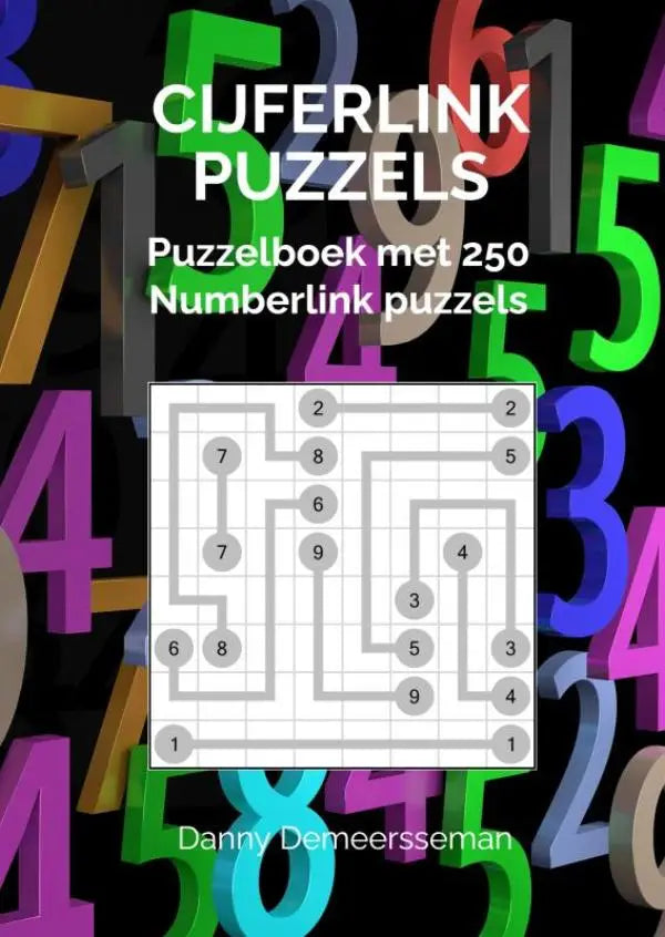 Kleurrijk cijferlink puzzelboek met witte grid en genummerde cirkels, inclusief 250 numberlink puzzels