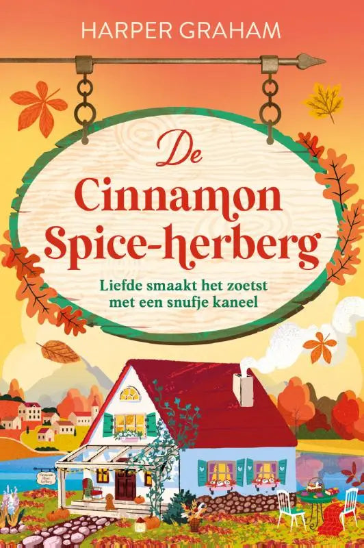 De cinnamon spice herberg boekomslag toont een charmante blauwe huisillustratie met rode luiken en herfstachtergrond