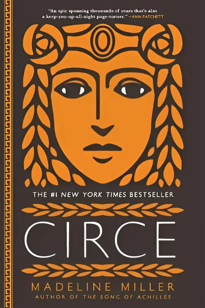 Orange gestileerde gezichtsillustratie op een donkerbruine boekomslag van circe door madeline miller