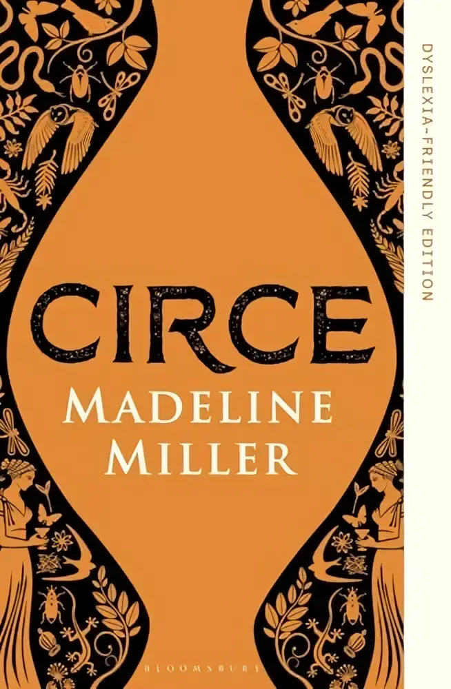 Orange book cover with black ornate illustrations titled Circe by Madeline Miller dyslexia-friendly edition volledige engelstalige tekst