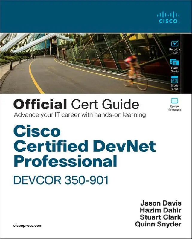 Cisco certified devnet professional devcor 350-901 official cert guide boek met moderne architectuur en fietser op achtergrond