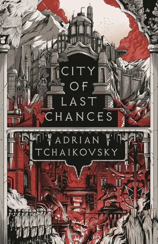 De boekomslag van city of last chances door adrian tchaikovsky toont een gotische stadsillustratie en is shortlisted for the hugo award 2025