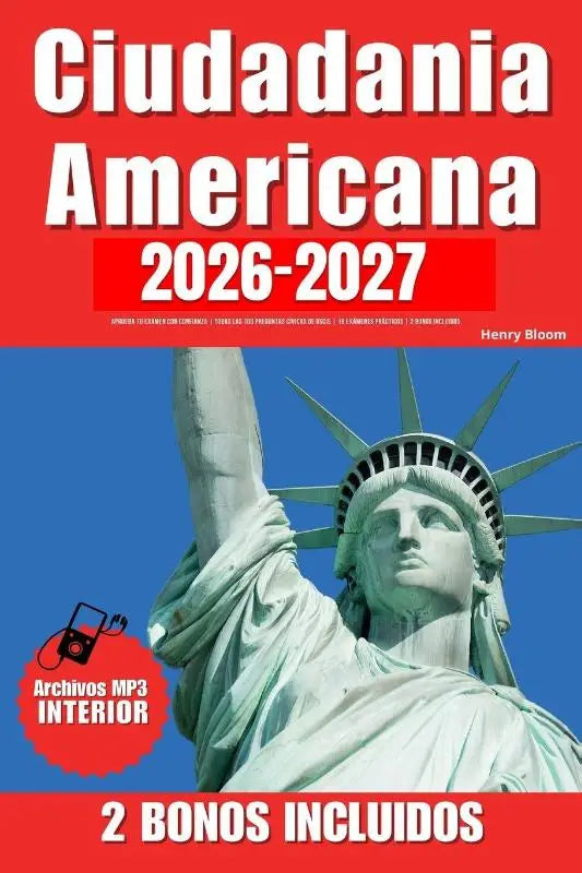 De cover van de ciudadanía americana 2026-2027 studiegids toont het groene beeld van vrijheid tegen roodblauwe achtergrond