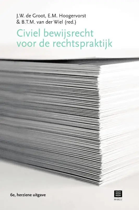Een dik wit hardcoverboek met minimalistisch ontwerp en blauwe tekst over civiel bewijsrecht voor de rechtspraktijk