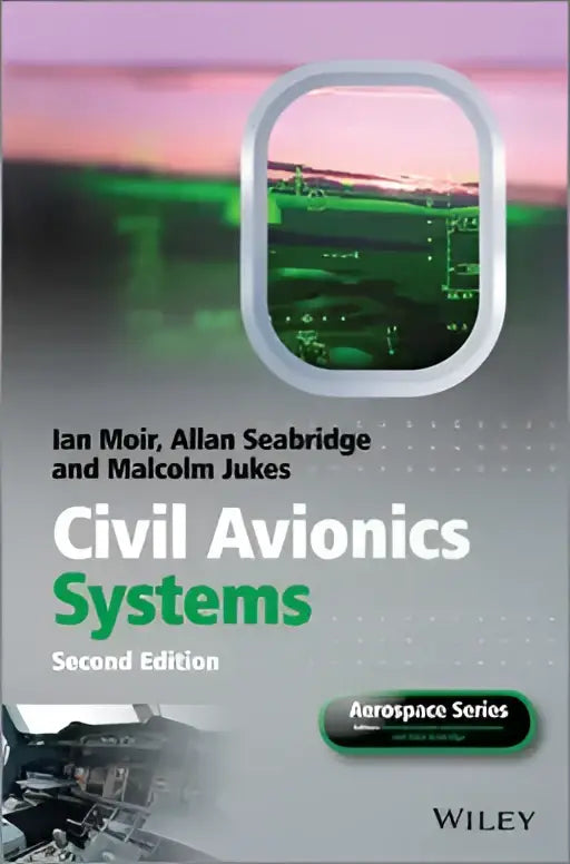 De boekomslag van civil avionics systems 2e editie toont de titel in groen en zwart met auteurs mair seabridge en jukes