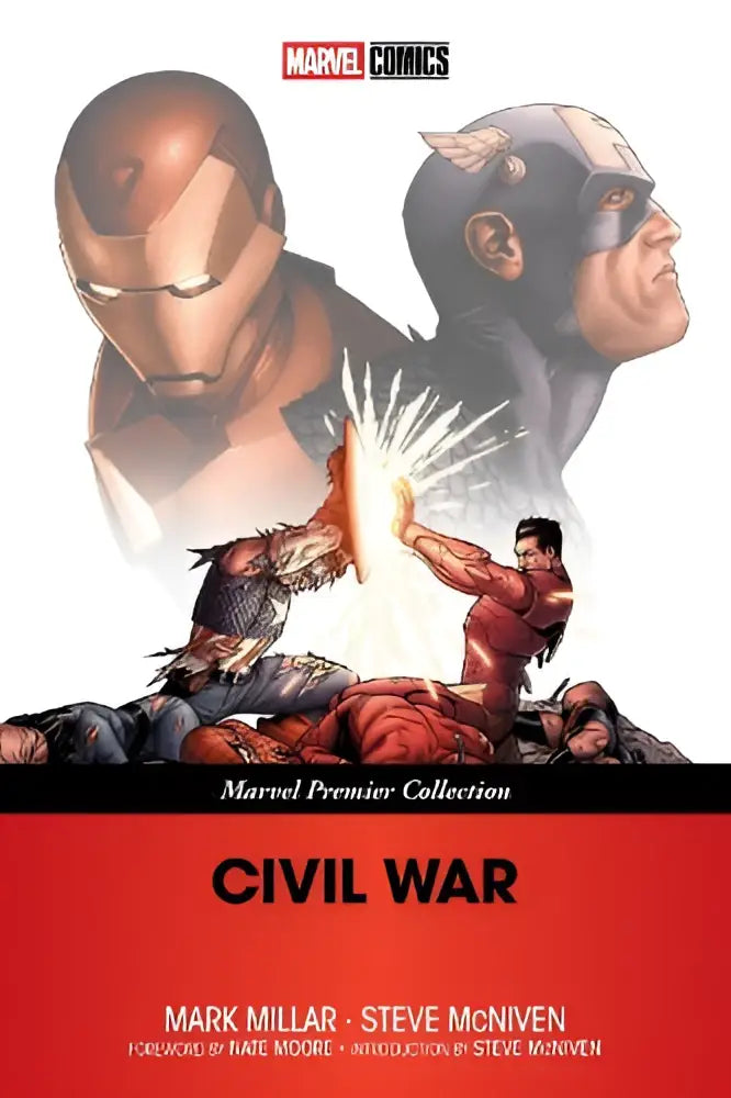 Dinamische illustratie van iron man en captain america in gevecht voor marvel premier collection civil war comicboek